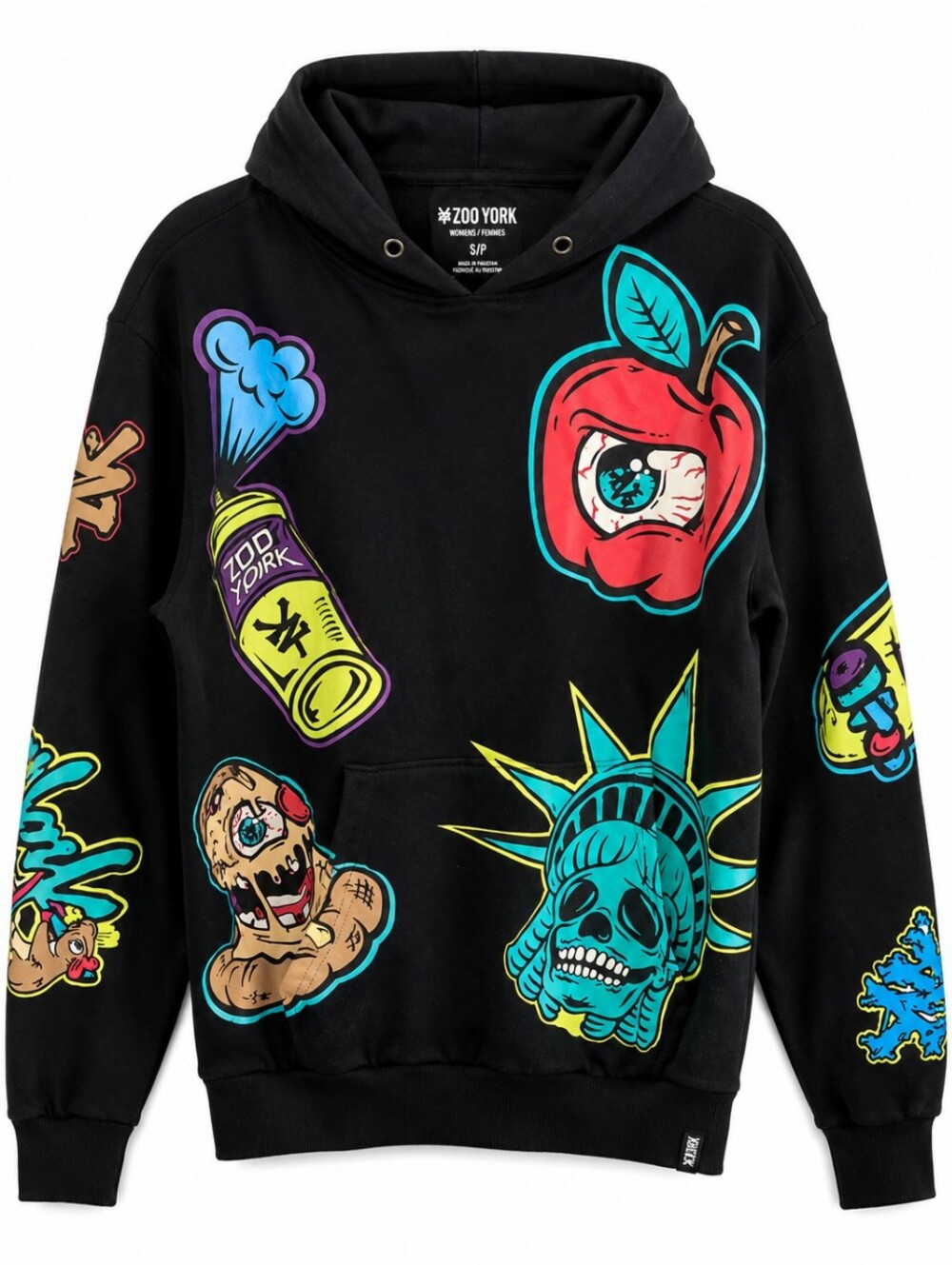Zoo York Women's Small Black Graphic Hoodie Streetwear Pullover Neon Skull Apple